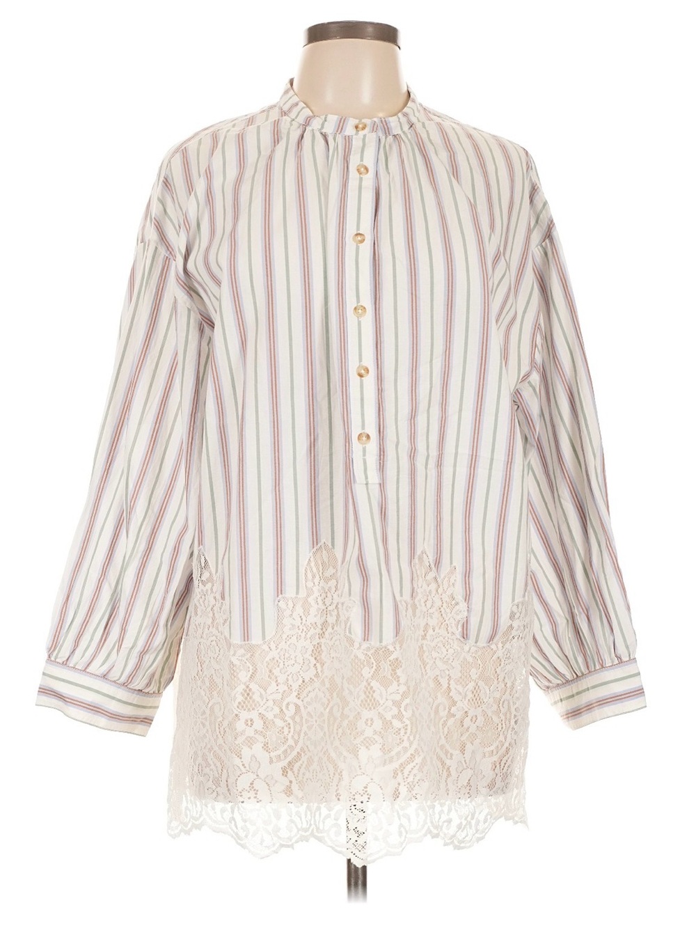 Pilcro Cream Striped Lace-Hem Button Blouse